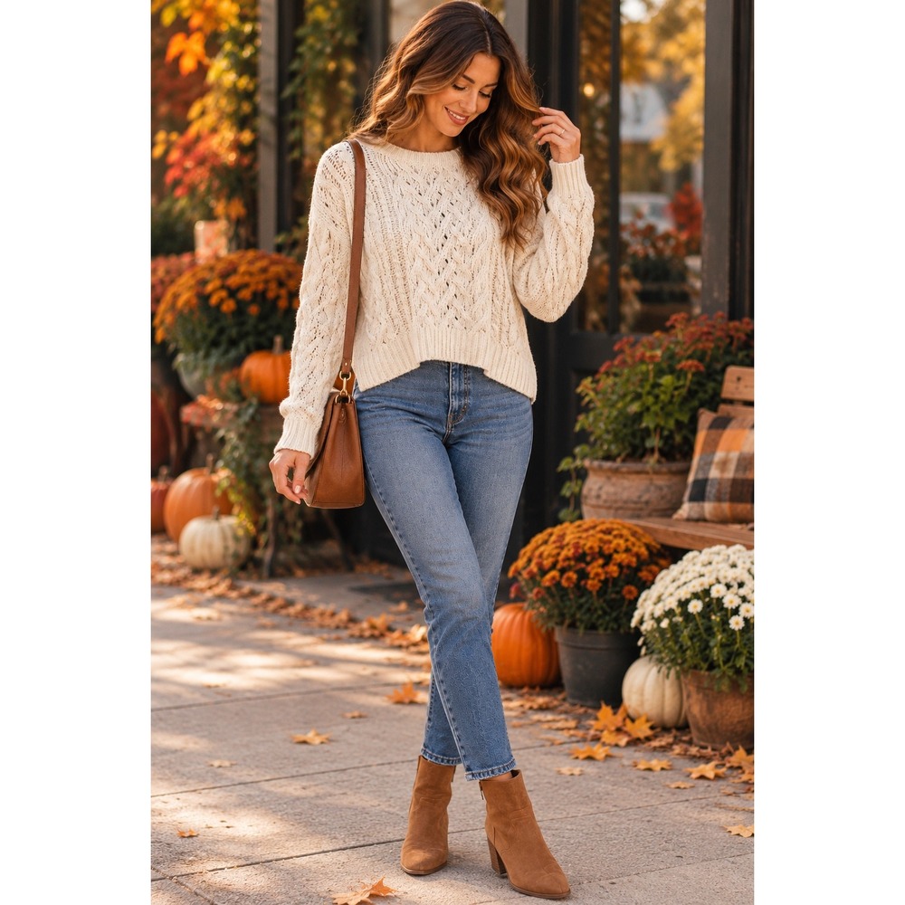 Aero Hygge Women Cream White Chenille Cable Knit Sweater Size Small Pullover